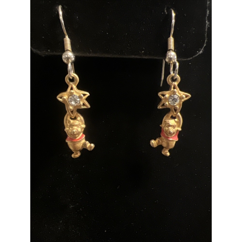 Vintage Disney Winnie The Pooh Star Dangle Pierced Earrings Gold Tone